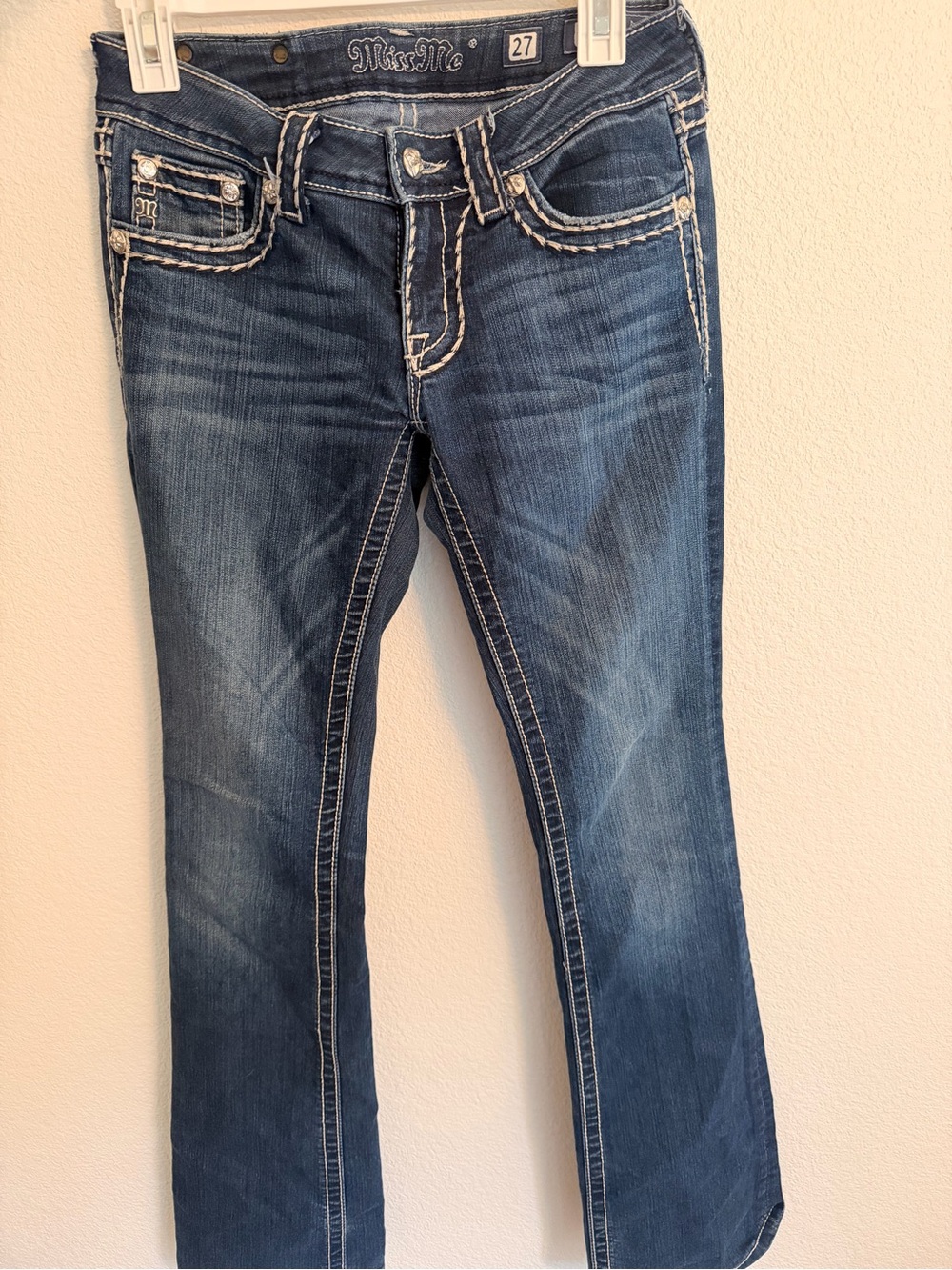 Miss Me Dark Blue Boot Cut Jeans with Contrast Stitching